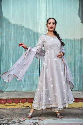 3 piece off centre open anarkali with pants and kota doria dupatta
