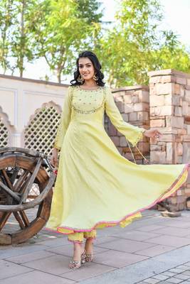 lemon yellow sequence & resham embroidered anarkali set with multi-color organza dupatta 2