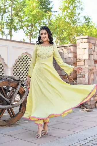 lemon yellow sequence & resham embroidered anarkali set with multi-color organza dupatta