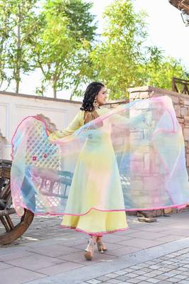 lemon yellow sequence & resham embroidered anarkali set with multi-color organza dupatta 3
