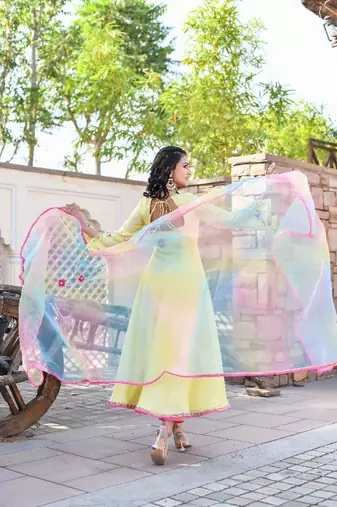 lemon yellow sequence & resham embroidered anarkali set with multi-color organza dupatta