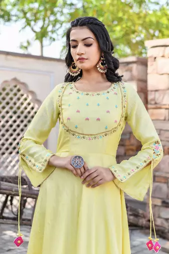 lemon yellow sequence & resham embroidered anarkali set with multi-color organza dupatta