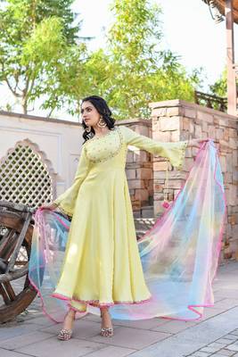 lemon yellow sequence & resham embroidered anarkali set with multi-color organza dupatta 5