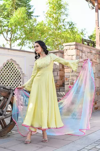 lemon yellow sequence & resham embroidered anarkali set with multi-color organza dupatta