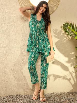women teal rayon blend ikat printed co-ord sets 8