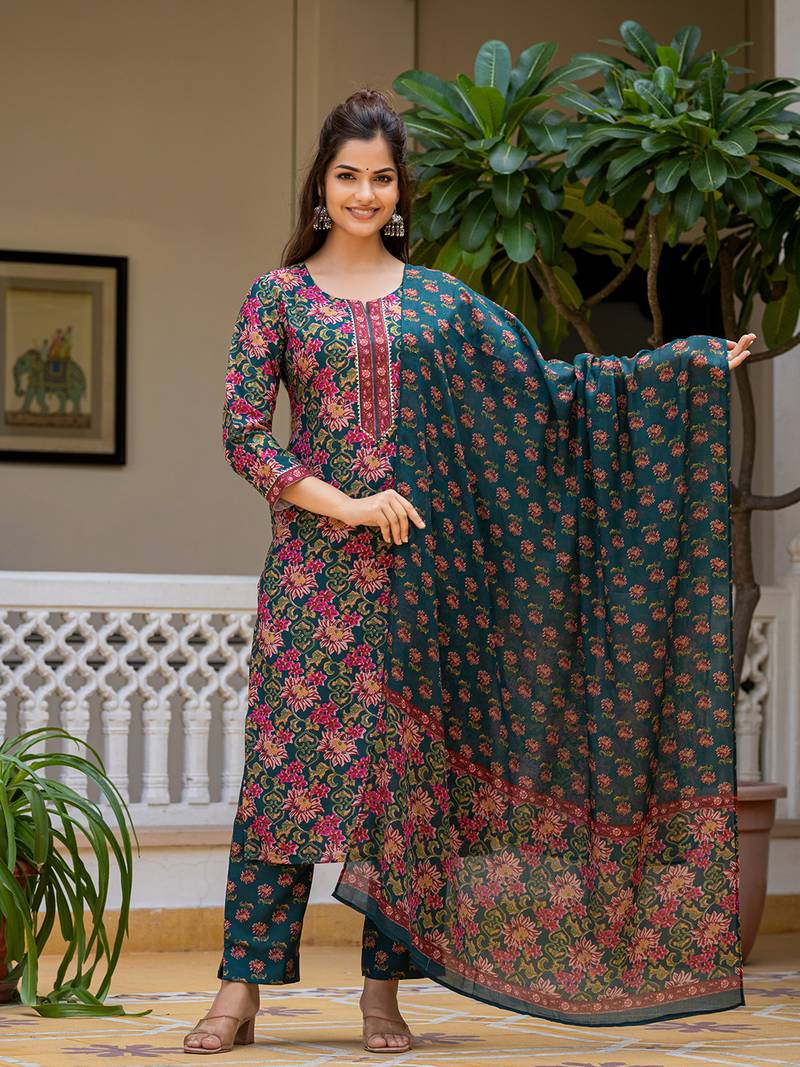 Women Green color cotton blend printed work fancy kurta bottom and dupatta set