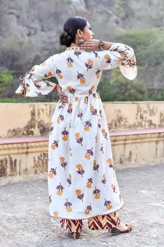 2 piece anarkali style, gathered waist gorgeous block print flared kurta and wrick wrack pant set.