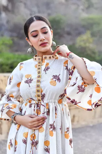 2 piece anarkali style, gathered waist gorgeous block print flared kurta and wrick wrack pant set.