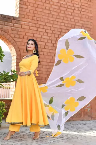 mango yellow empire cut anarkali set with floral organza dupatta