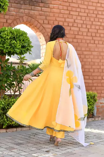 mango yellow empire cut anarkali set with floral organza dupatta