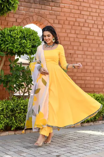 mango yellow empire cut anarkali set with floral organza dupatta