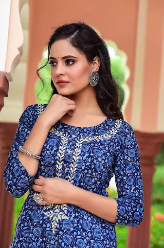 Indigo piece is an evergreen piece and comes with beautiful zardozi work with blue striped pants.