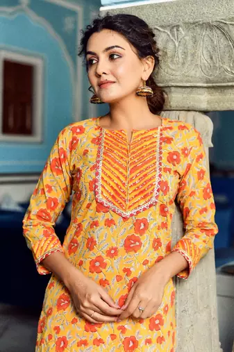 Yellow and orange 2 piece floral regular fit kurta and orange stripped palazzo