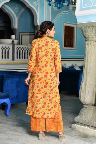 Yellow and orange 2 piece floral regular fit kurta and orange stripped palazzo
