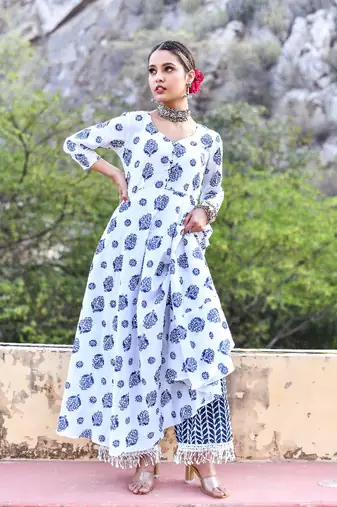 2 piece full sweep bias cut anarkali style kurta set and indigo palazzo.