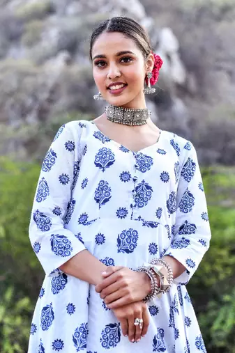 2 piece full sweep bias cut anarkali style kurta set and indigo palazzo.
