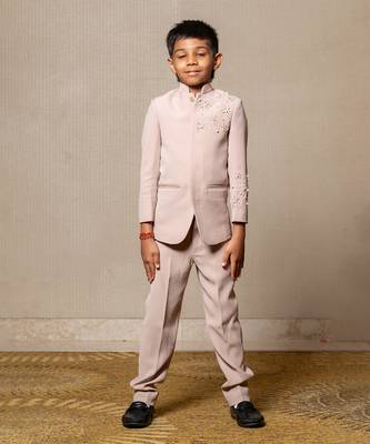 Classy beige suit with delicate floral embroidery and pearl accents 1