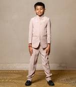 Classy beige suit with delicate floral embroidery and pearl accents