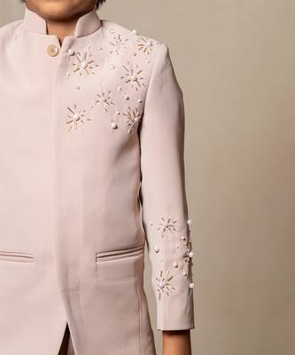 Classy beige suit with delicate floral embroidery and pearl accents 2