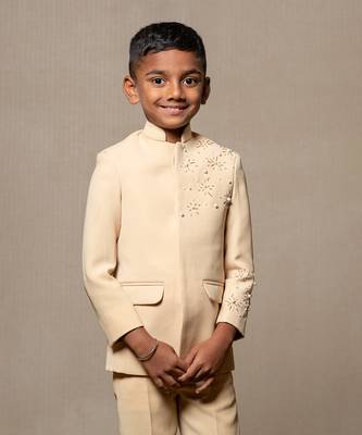 Elegant light beige bandhgala suit with delicate floral embroidery 3