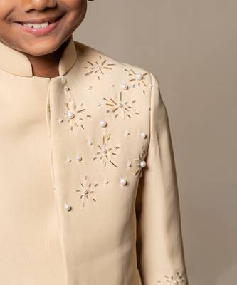 Elegant light beige bandhgala suit with delicate floral embroidery 4