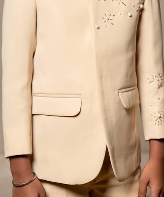 Elegant light beige bandhgala suit with delicate floral embroidery 5