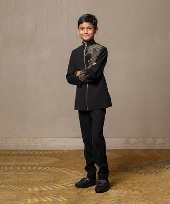 Elegant blackbandhgala with gold embroidery, paired with matching tailored pants 1