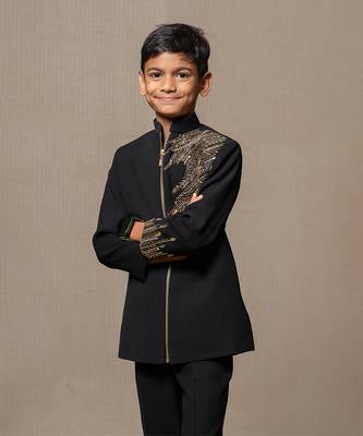Elegant blackbandhgala with gold embroidery, paired with matching tailored pants 2