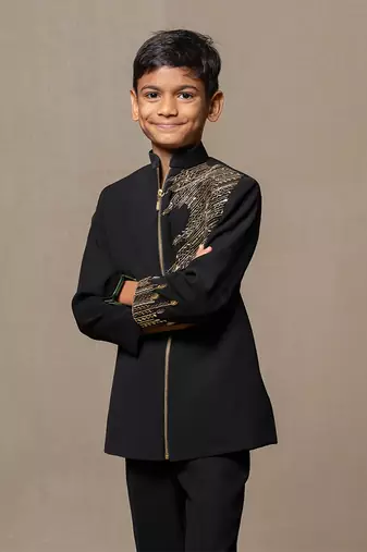 Elegant blackbandhgala with gold embroidery, paired with matching tailored pants