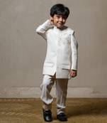 Ivory white bandhgala jacket with intricate pearl and sequin embellishments paired with matching straight-fit pants
