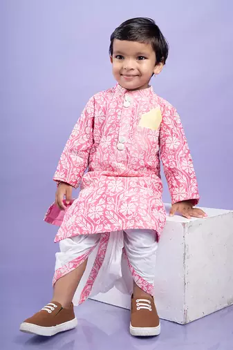 Pink and white floral kurta with classic white dhoti pants