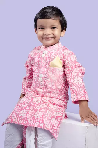 Pink and white floral kurta with classic white dhoti pants