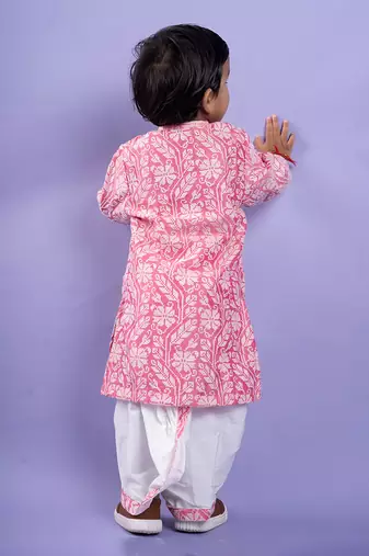 Pink and white floral kurta with classic white dhoti pants
