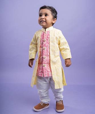 Traditional pink kurta with embroidered yellow jacket and white dhoti pants 1