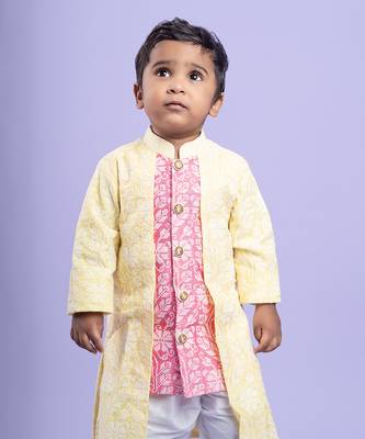 Traditional pink kurta with embroidered yellow jacket and white dhoti pants 2