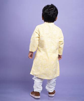 Traditional pink kurta with embroidered yellow jacket and white dhoti pants 3