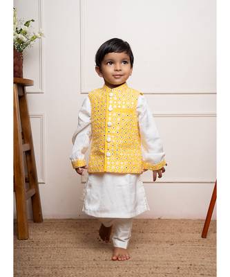 Elegant white kurta set with a vibrant yellow mirror-work nehru jacket 1