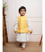 Elegant white kurta set with a vibrant yellow mirror-work nehru jacket