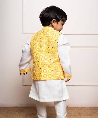 Elegant white kurta set with a vibrant yellow mirror-work nehru jacket 2