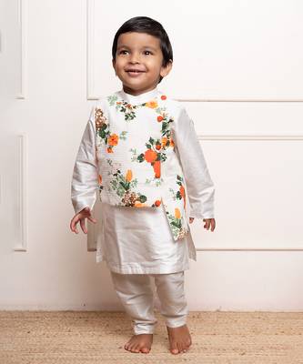 Stylish white kurta set with a attached vibrant floral asymmetrical jacket 1