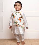Stylish white kurta set with a attached vibrant floral asymmetrical jacket