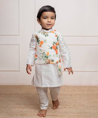 Stylish white kurta set with a attached vibrant floral asymmetrical jacket 2