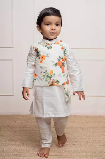 Stylish white kurta set with a attached vibrant floral asymmetrical jacket
