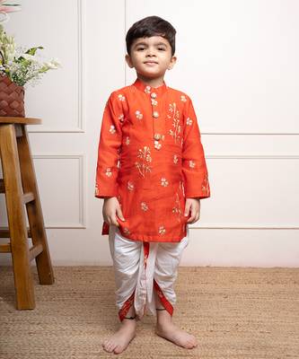Vibrant orange floral embroidered kurta with white dhoti pants 1