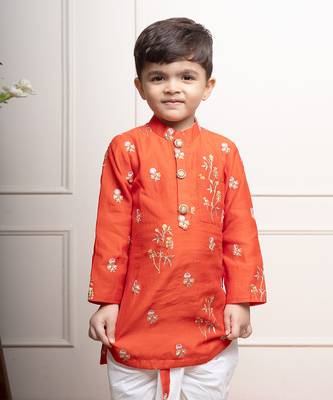 Vibrant orange floral embroidered kurta with white dhoti pants 2