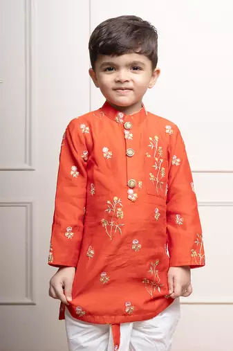 Vibrant orange floral embroidered kurta with white dhoti pants