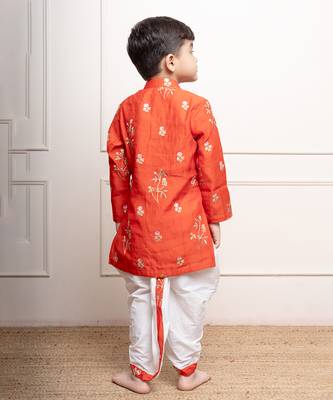 Vibrant orange floral embroidered kurta with white dhoti pants 3