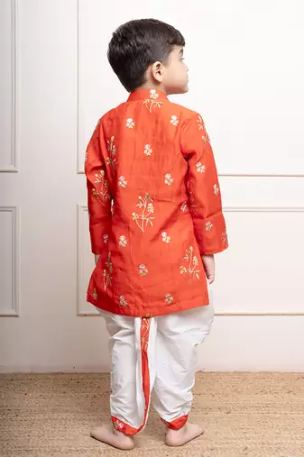 Vibrant orange floral embroidered kurta with white dhoti pants
