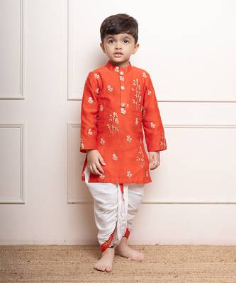 Vibrant orange floral embroidered kurta with white dhoti pants 4