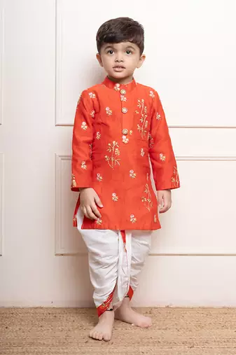 Vibrant orange floral embroidered kurta with white dhoti pants